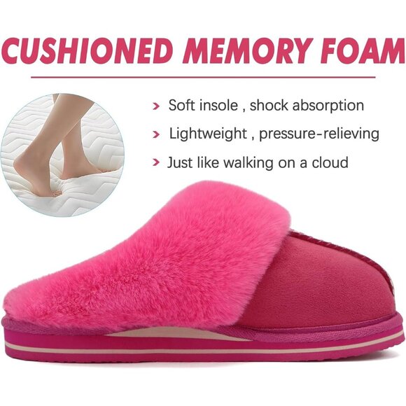 ⚡Women Rose Red Suede Fluff Dual Memory Foam Arch Support Warm Scuff Slipper - Picture 3 of 6
